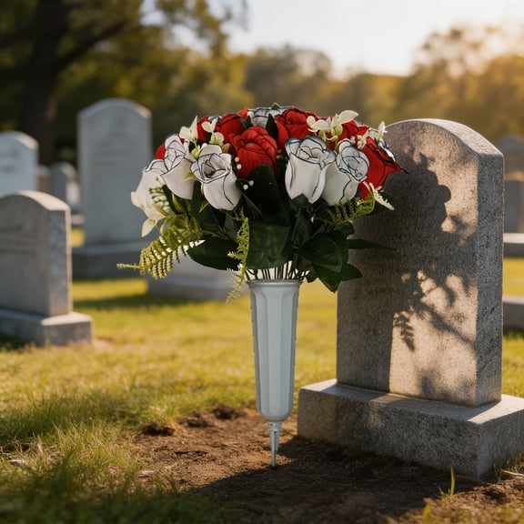 Miwamany Artificial Cemetery Flowers, 18-Head Rose Bouquet With Bucket, 4th of July Memorial Day Independence Day Arrangements Outdoors Table Centerpieces Garden Party Home Decor