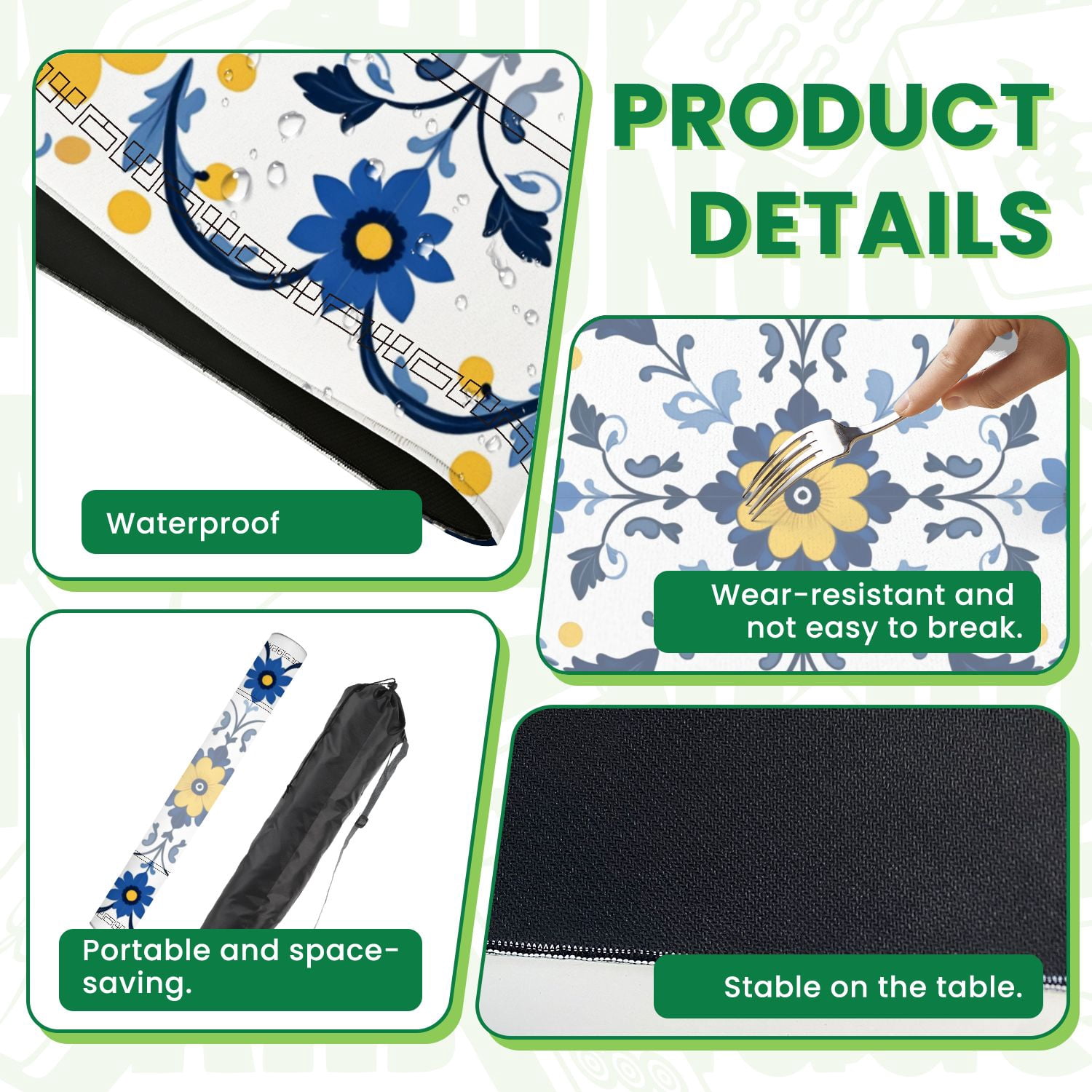 Mahjong Mat 31.5" x 31.5" Floral Symmetrical Yellow Blue Flowers White Non-Slip Noise Reduction American Mahjong Tiles Table Cover for Dominoes Poker Card Board Games Gift