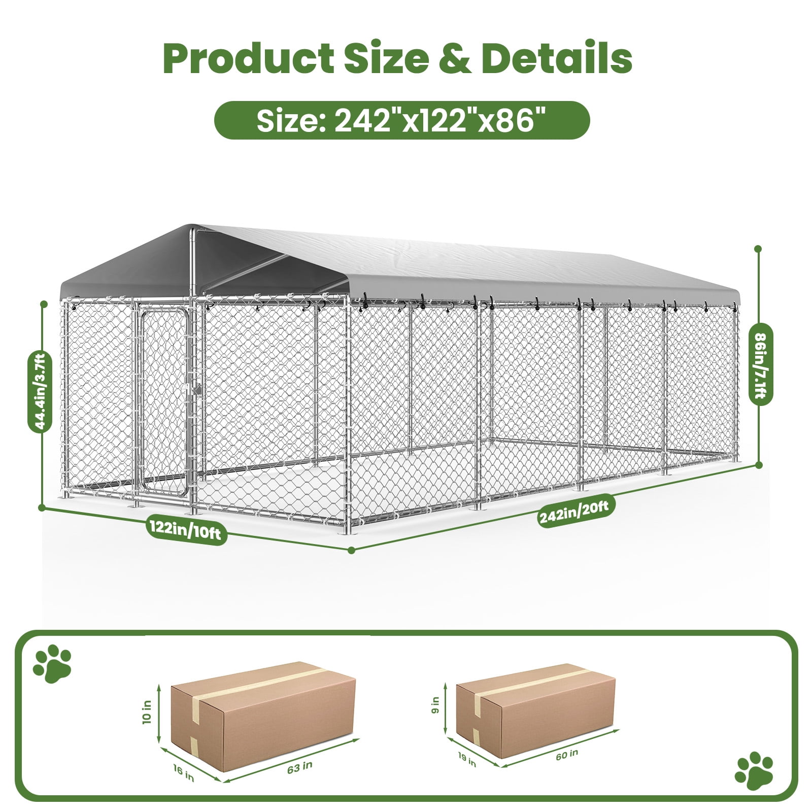 YOKWOK 20x10ft Outdoor Dog Kennel Heavy Duty Metal Dog Pet Enclosure, with Galvanized Steel Fence and Metal Gate, UV Waterproof Sun Resistant Roof Cover and Secure Lock