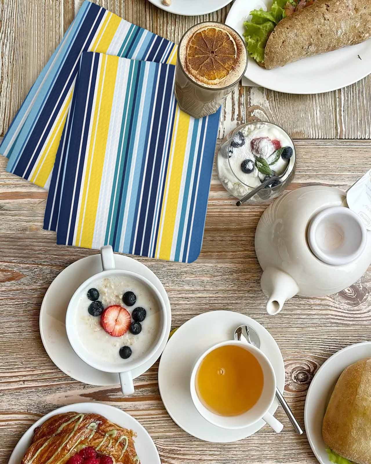 Blue Yellow Teal Stripes Kitchen Dish Towels for Drying Dishes Set of 4, Boho Colorful Ombre Texture Waffle Weave Microfiber Terry Hand Tea Bathroom Towels Quick Dry & Absorbent Towel 15.7x23.6