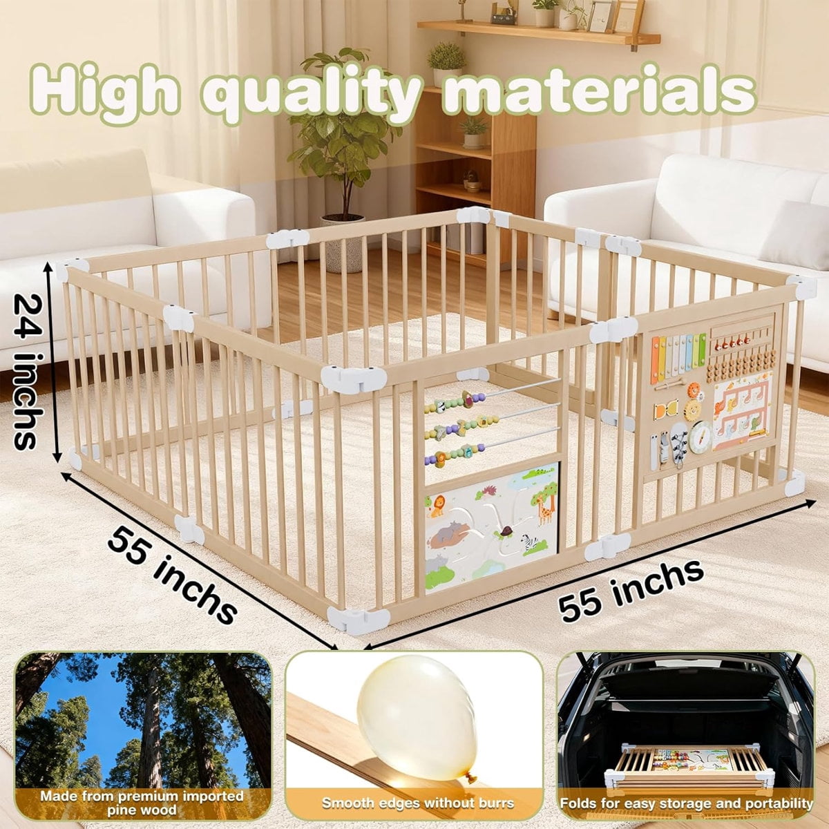 Foldable Wooden Baby Playpen with Gate & 2 Game Boards for Infant Girls & Boys,10+ Toy Set,Adjustable Panel Play Yard Fence for Toddlers,55"x55"x24"