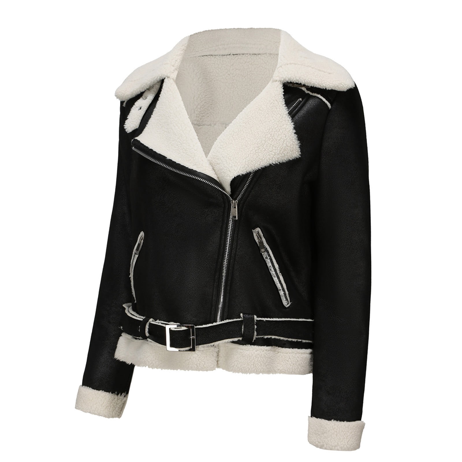 Usmixi Winter Faux Leather Jacket for Women Womens Suede Jacket Plus Size Fashion Side Zip Fuzzy Fleece Coats Casual Solid Pocket Bomber Outwear with Belt Faux Leather Jacket