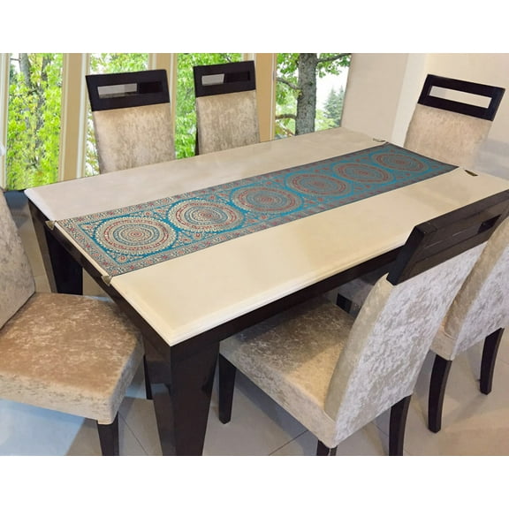 Stylo Culture Indian Decorative Dining Tablecloth For Rectangle Table Turquoise Gold Large Living Room Wedding Decor Round Mandala 68 Inch Long Brocade Jacquard Tassels Table Runner (68 x 16 Inch)