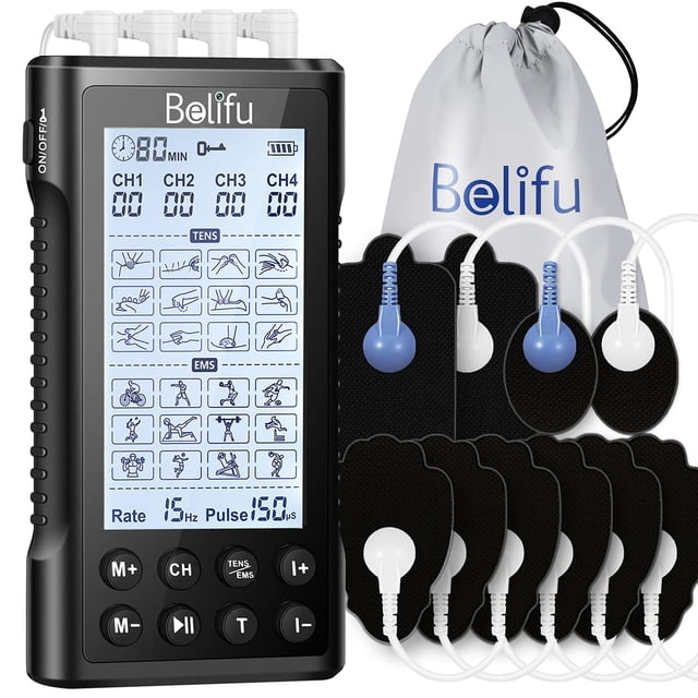Belifu - Unidad TENS EMS de 4 canales independientes, 24 modos, 30 niveles de intensidad, masajeador de pulso eléctrico recargable con 10 almohadillas y 5 cables, para terapia de alivio del dolor (neg