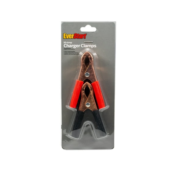 Everstart 50-Amp Booster Cable Clamps, designed for use with 6-12V batteries to start stalled vehicles.
