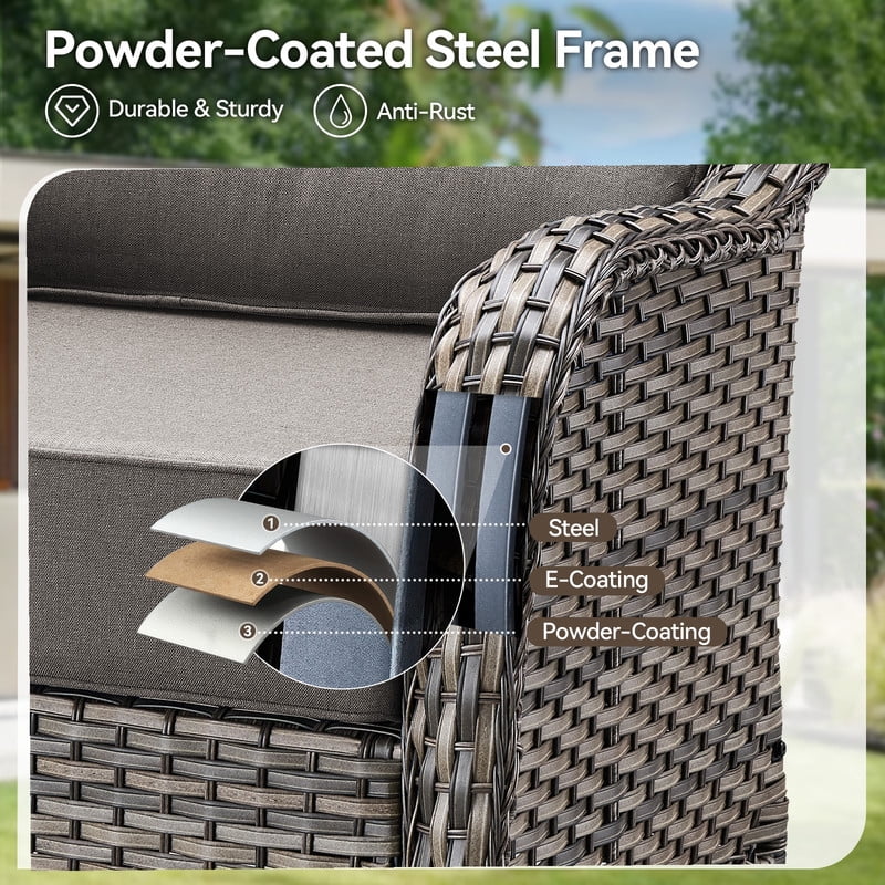 PARKWELL 7-Piece Outdoor Patio Furniture High Back Conversation Set with Swivel Glider Chairs and Fire Pit Table,50,000 BTU,Luxury 6" Thick Cushions,Wicker Patio Set for Deck, Backyard,Gray/Gray