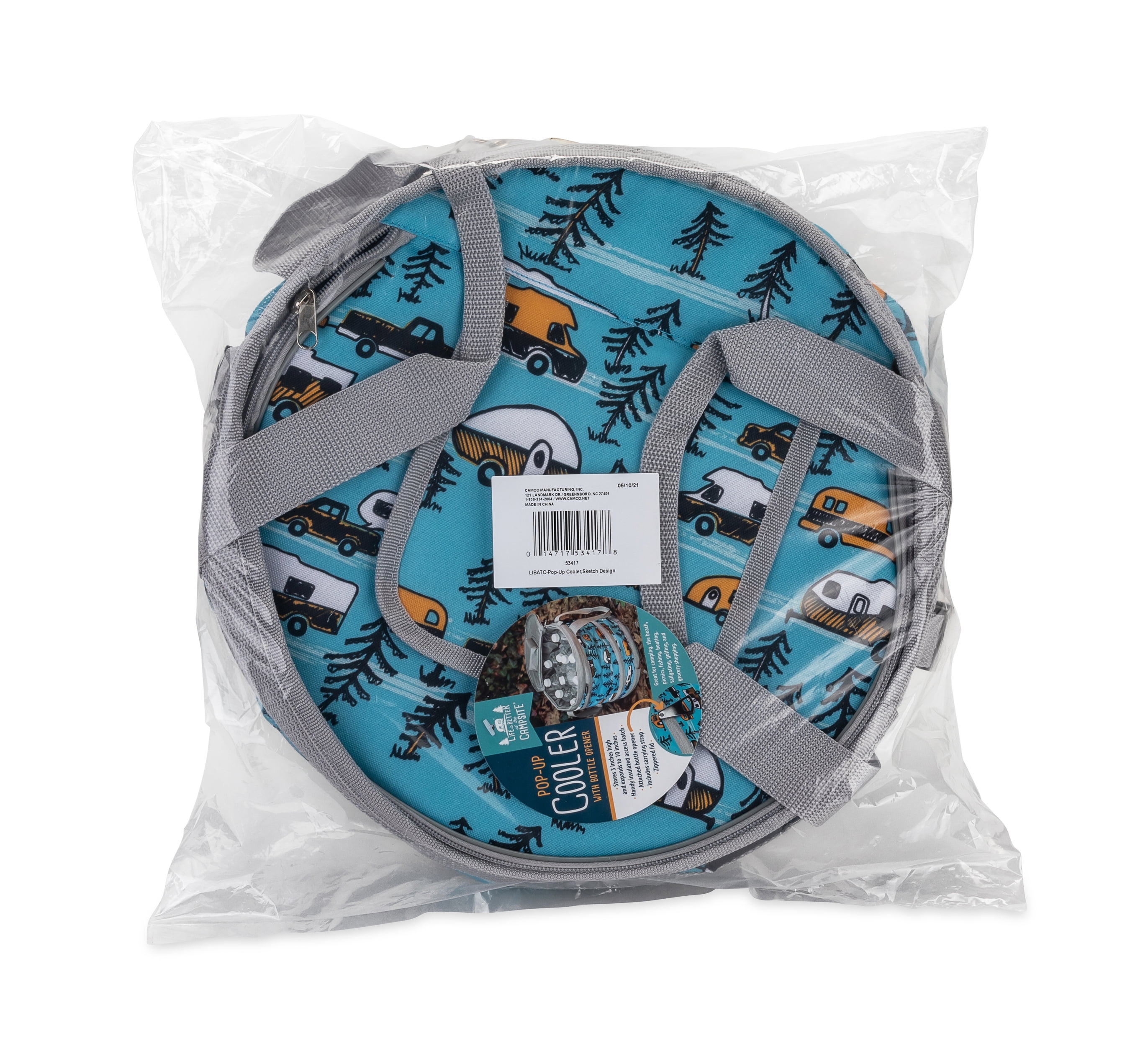 Camco Life is Better at The Campsite Camper/RV Pop-Up Cooler | Fabric, PVC Lining | Blue/Teal and Gray RV Sketch Design (53417)