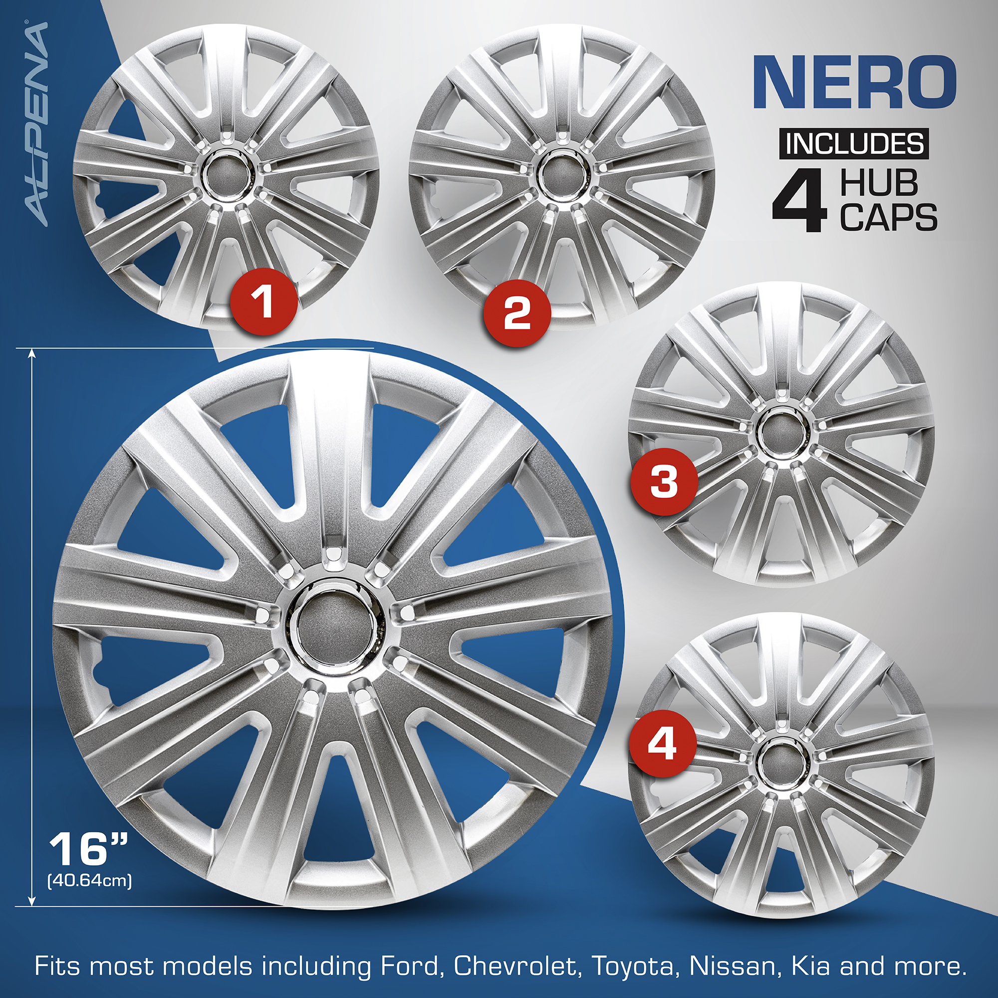Alpena 16" Nero Wheel Covers, Silver, set of 4