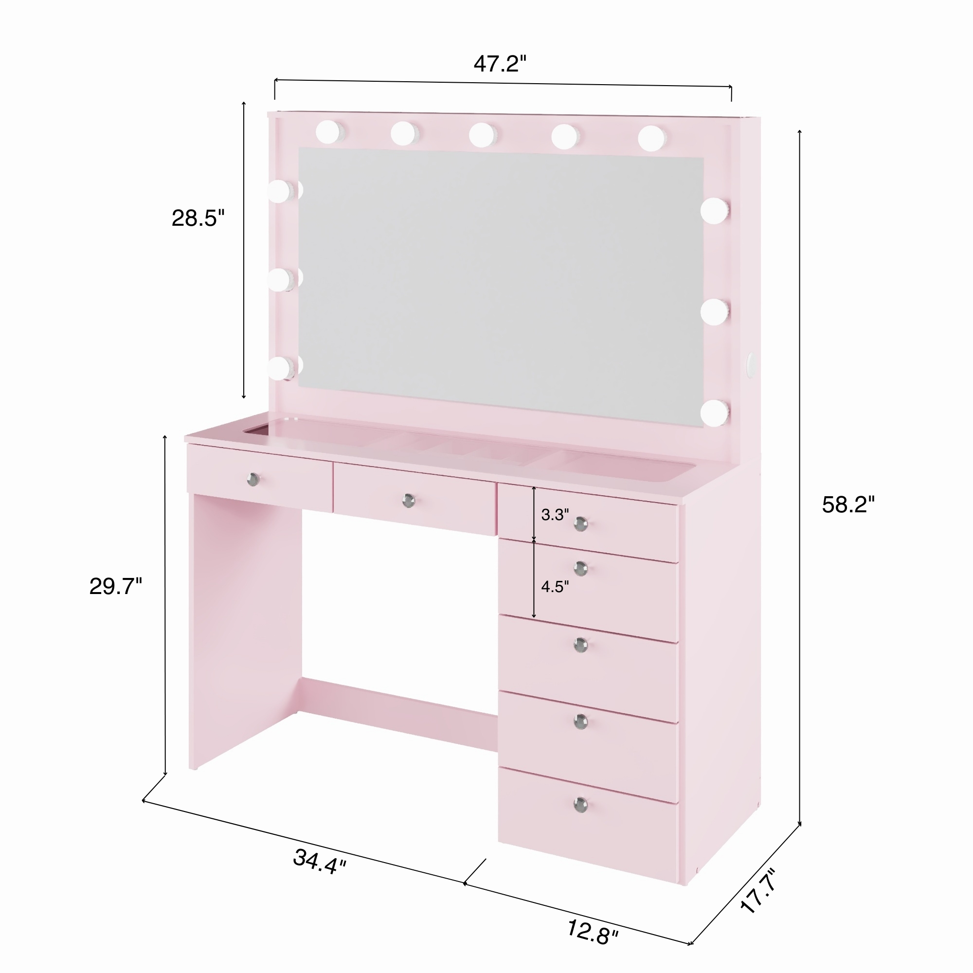 Ember Interiors Pink Makeup Vanity Desk with Lights, USB-C, Glass Top, 7 Drawers