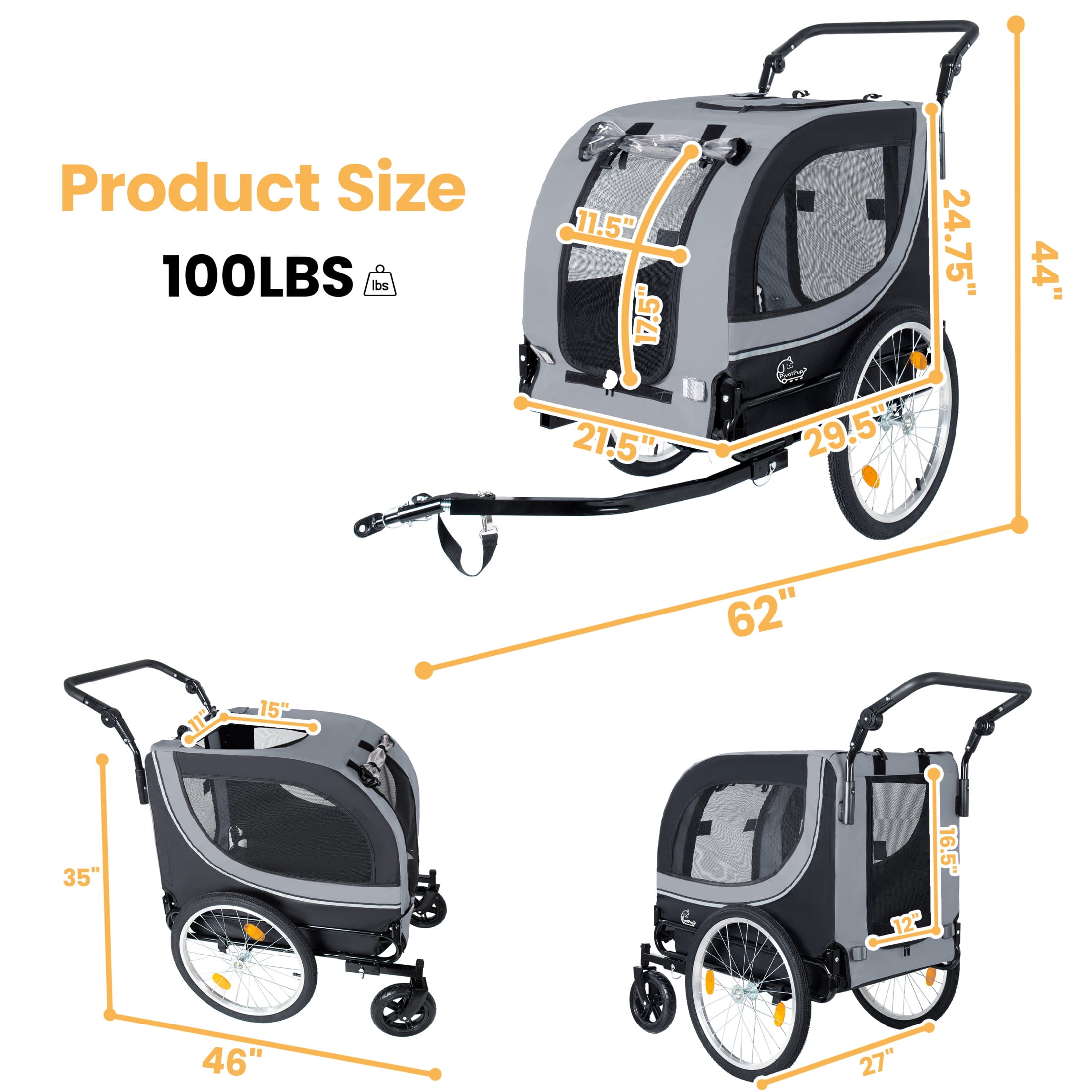 Noble House 2-in-1 Bike Trailer & Pet Stroller with Air-Filled Wheels & Breathable Mesh, Foldable Carrier Cart, Gray