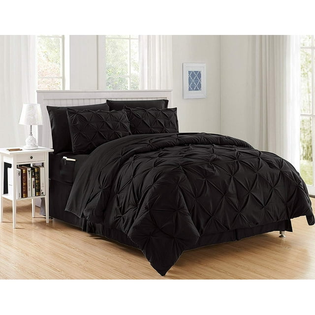 Cozy & Soft 8-Piece Bedding Set - Includes Comforter, Smart Sheet Set, Bed Skirt, Matching Pillowcases and Shams, Pintuck Design, Full/Queen, Black Comforter Set