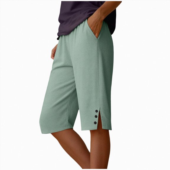 vigerkar Women's Casual Summer Bermuda Shorts Side Split Button Deco Knee Length Long Shorts with Pockets, Dressy High Waisted Work & Beach Outfits (Light Green, XXL)