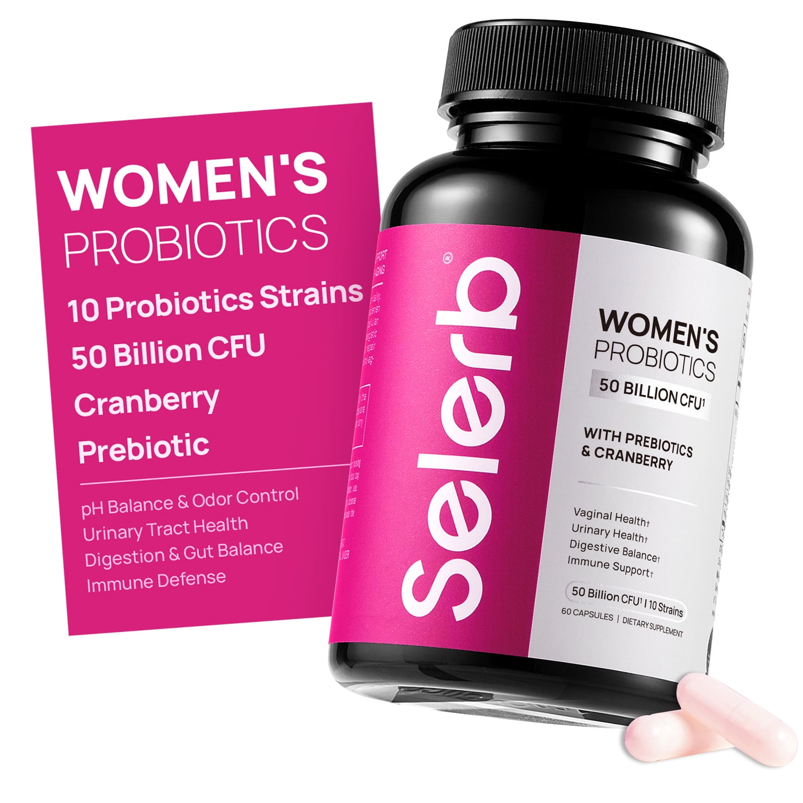 Selerb Vaginal Probiotics for Women - 50 Billion CFU with Cranberry Prebiotics and Probiotics for Women pH Balance Urinary Immune & Digestive Health 60 Capsules