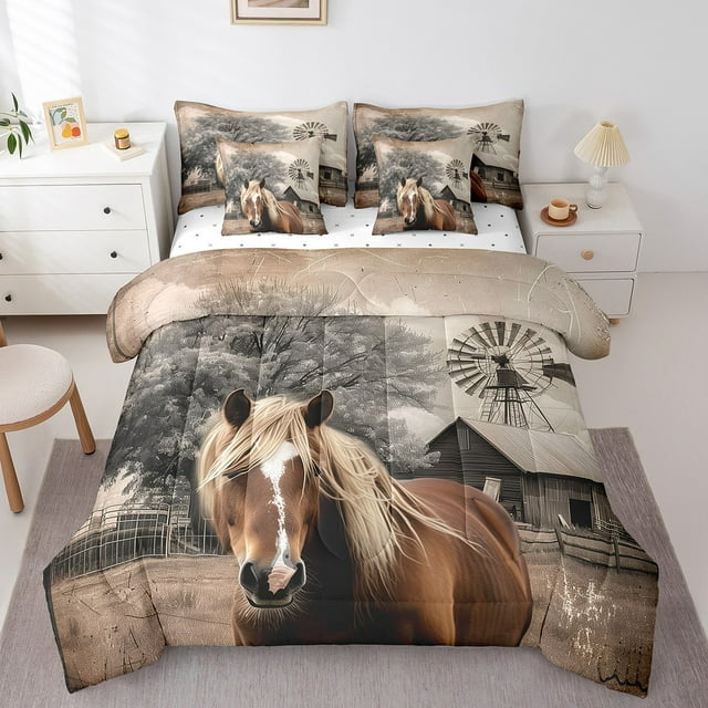 Décor de Chevaux Animaux de Ferme Ensembles de Douillette Format Double Ensembles de Literie 7 Pcs, Décor de Moulin à Vent de Jardin Ensemble de Lit Tout-en-un Style Ferme Rétro Rustique Chalet Cabane Cottage avec Douillette, Draps, Taies d'Oreiller