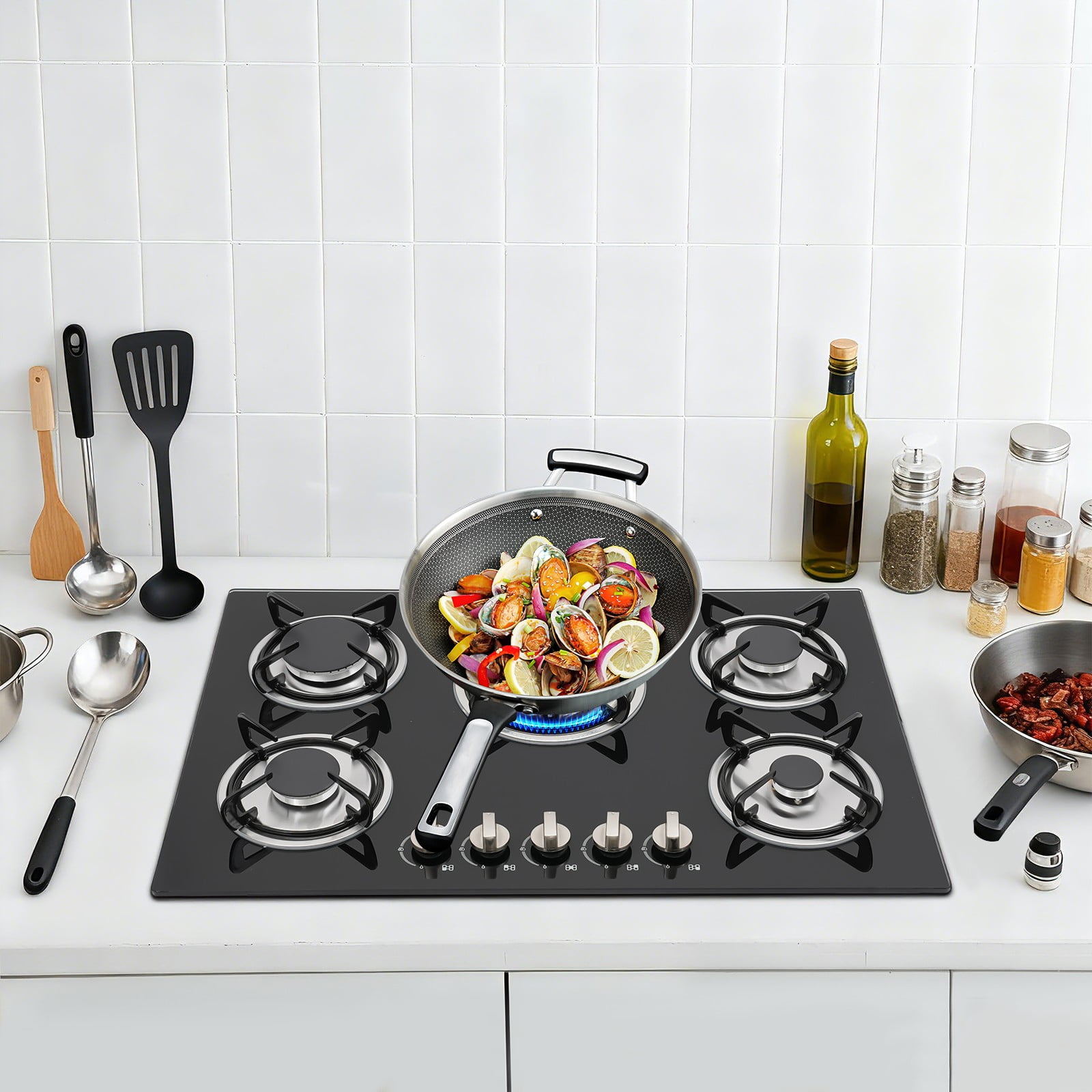 30" Stove Top Gas Cooktop Burner Kitchen Cooking LPG /Propane with 5 Burners 77*51*7cm for Domestic Or Commercial Use