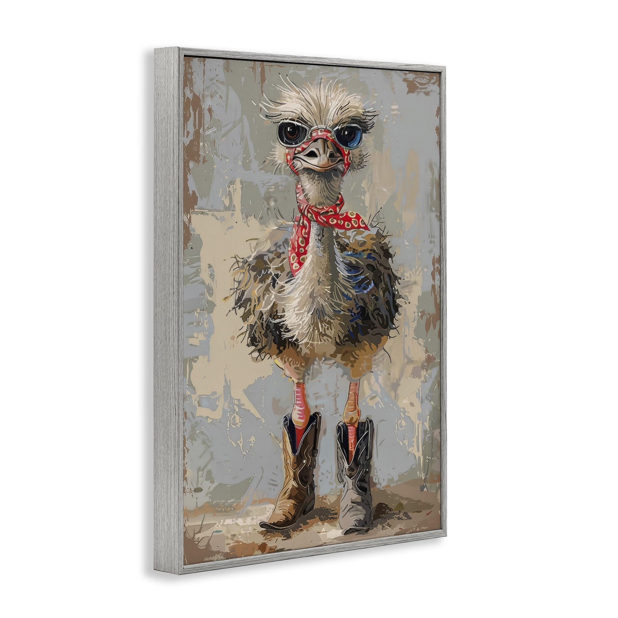 Stupell Industries Ostrich & Cowboy Boots Novelty Painting Gray Framed Art Print Wall Art, 12 x 18