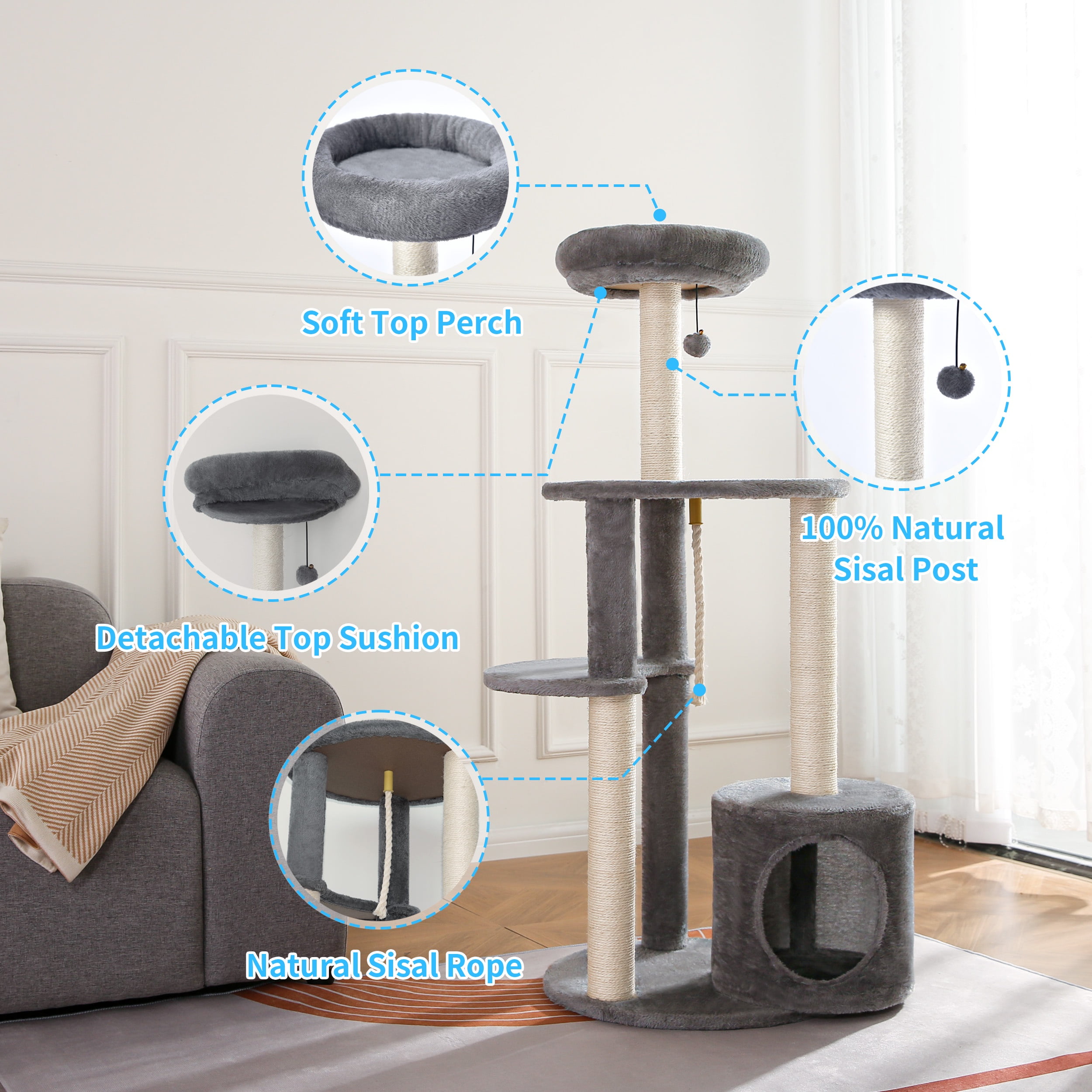 Vibrant Life Cat Tree, 47" Multi-Level Cat Tower with Scratching Posts and Large Platform, Gray