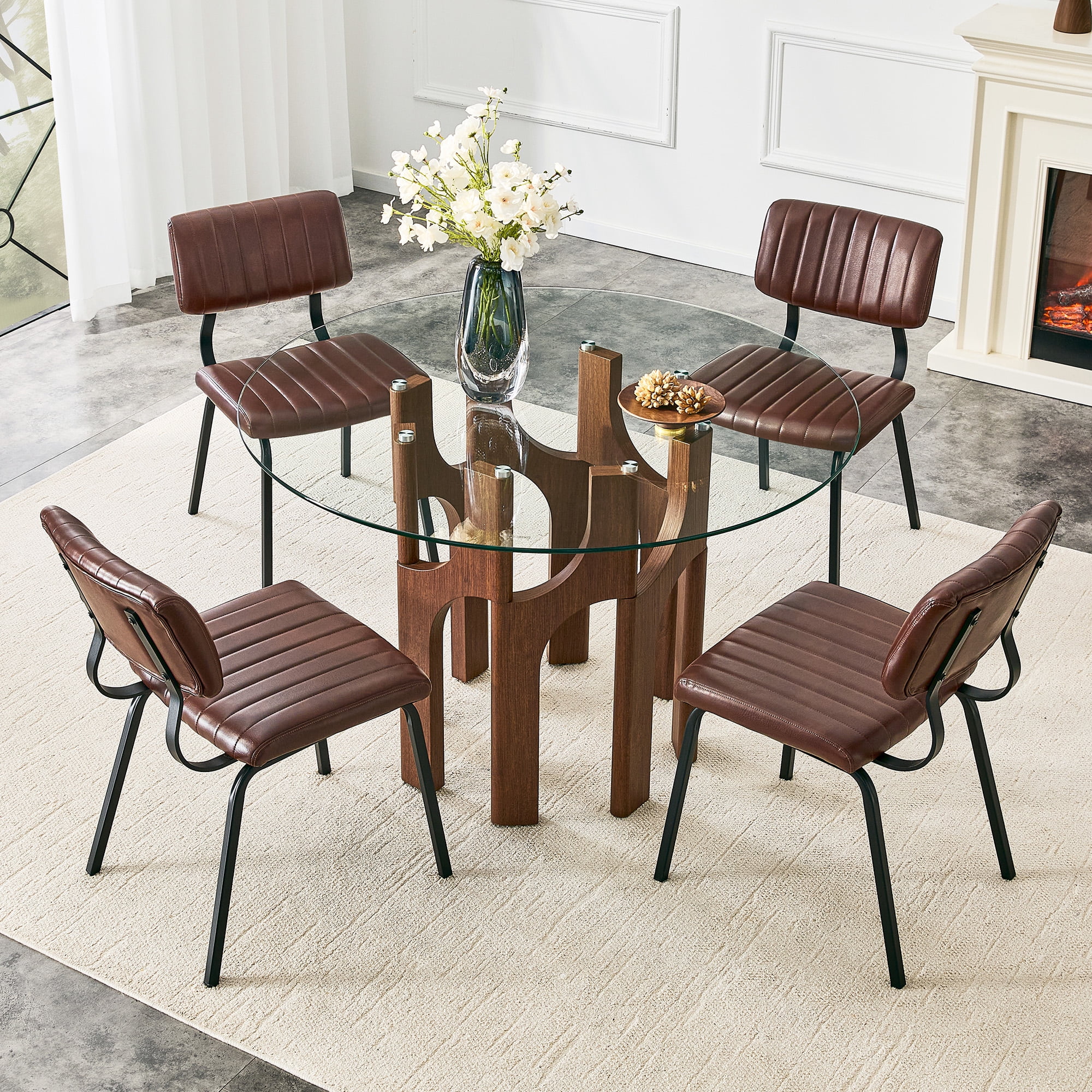 GARITIN 2 Pack Vintage Brown PU Leather Dining Chairs, Mid-Century Stripe Upholstered Side Chairs, Modern Industrial Accent Chairs with Black Metal Frame for Kitchen Dining Room