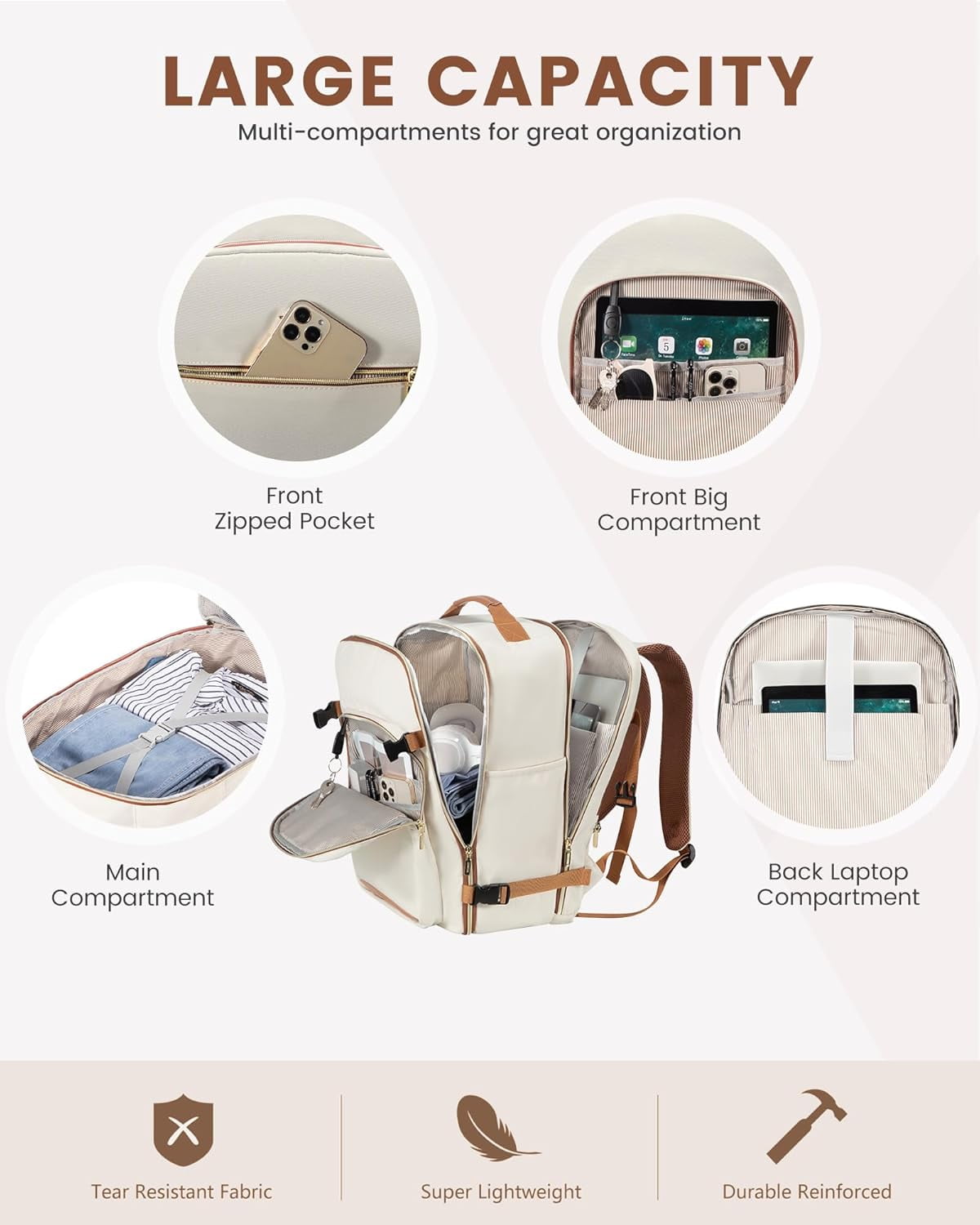 Lovevook Unisex Waterproof Travel Backpack with Packing Cubes, Beige