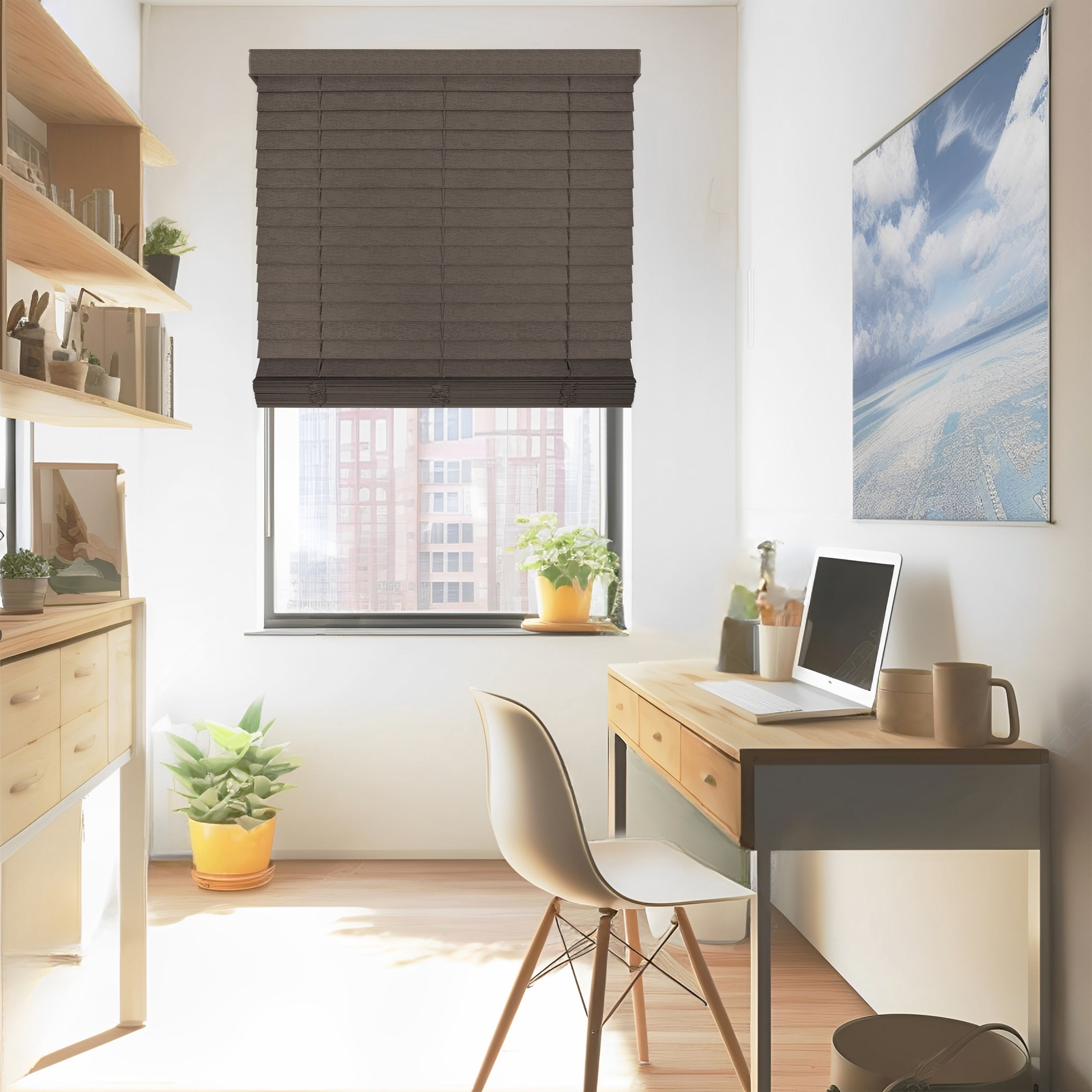 Chicology Cordless Faux Wood Blinds, Umber Textured (2" Slat), 64.75"W X 72"H