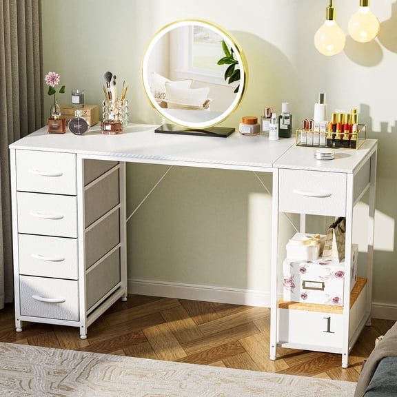 LUCKLIFE Vanity Desk with 5 Fabric Drawers & Storage Shelves, Makeup Dressing Table for Bedroom, White (No Mirror)