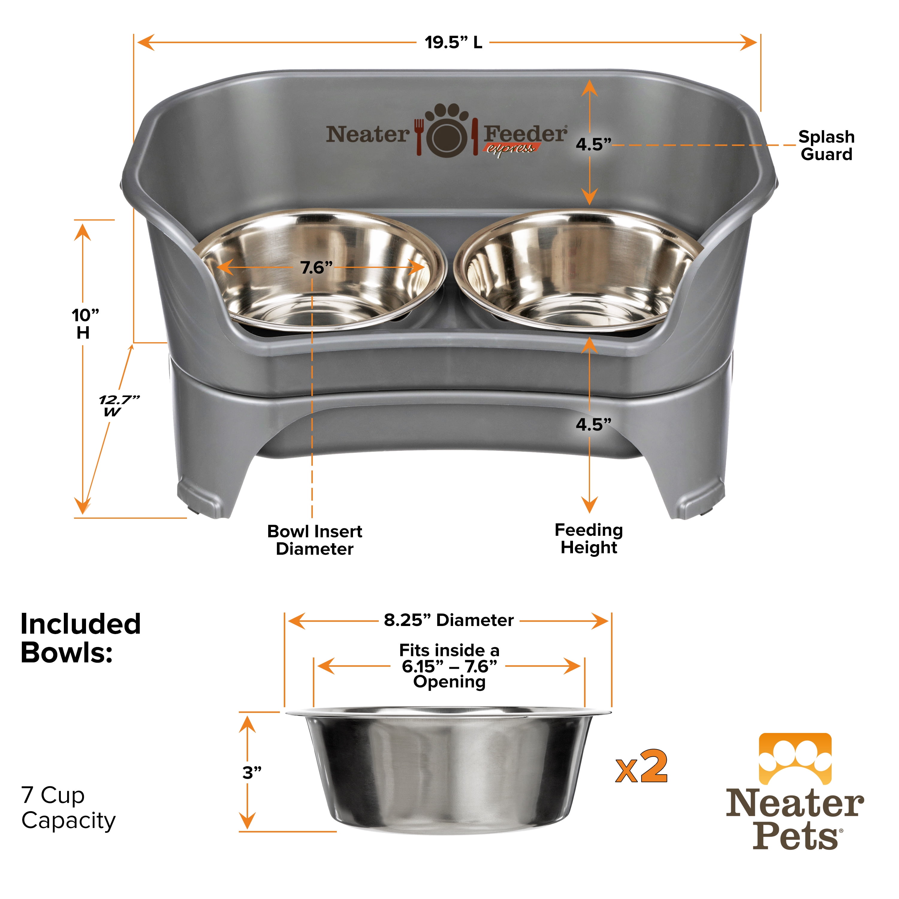 Neater Pets Neater Feeder Express Mess-Proof Elevated Food & Water Bowls for Medium to Large Dogs, Gunmetal