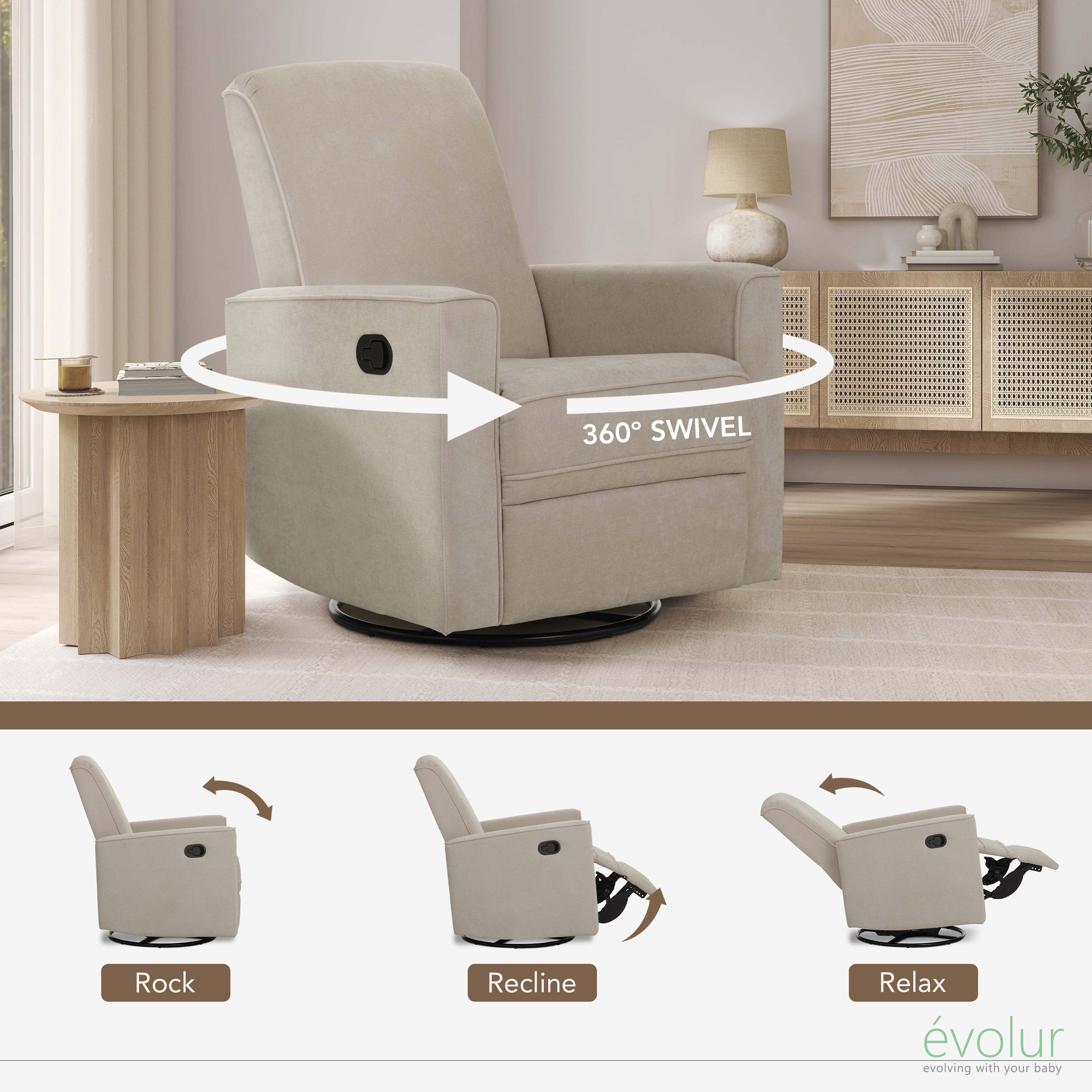 Evolur Raleigh Nursery Glider Recliner and Rocking Chair in Tan, 360° Swivel Motion, Multiple Recline Positions, Easy to Clean, FSC and Greenguard Gold Certified