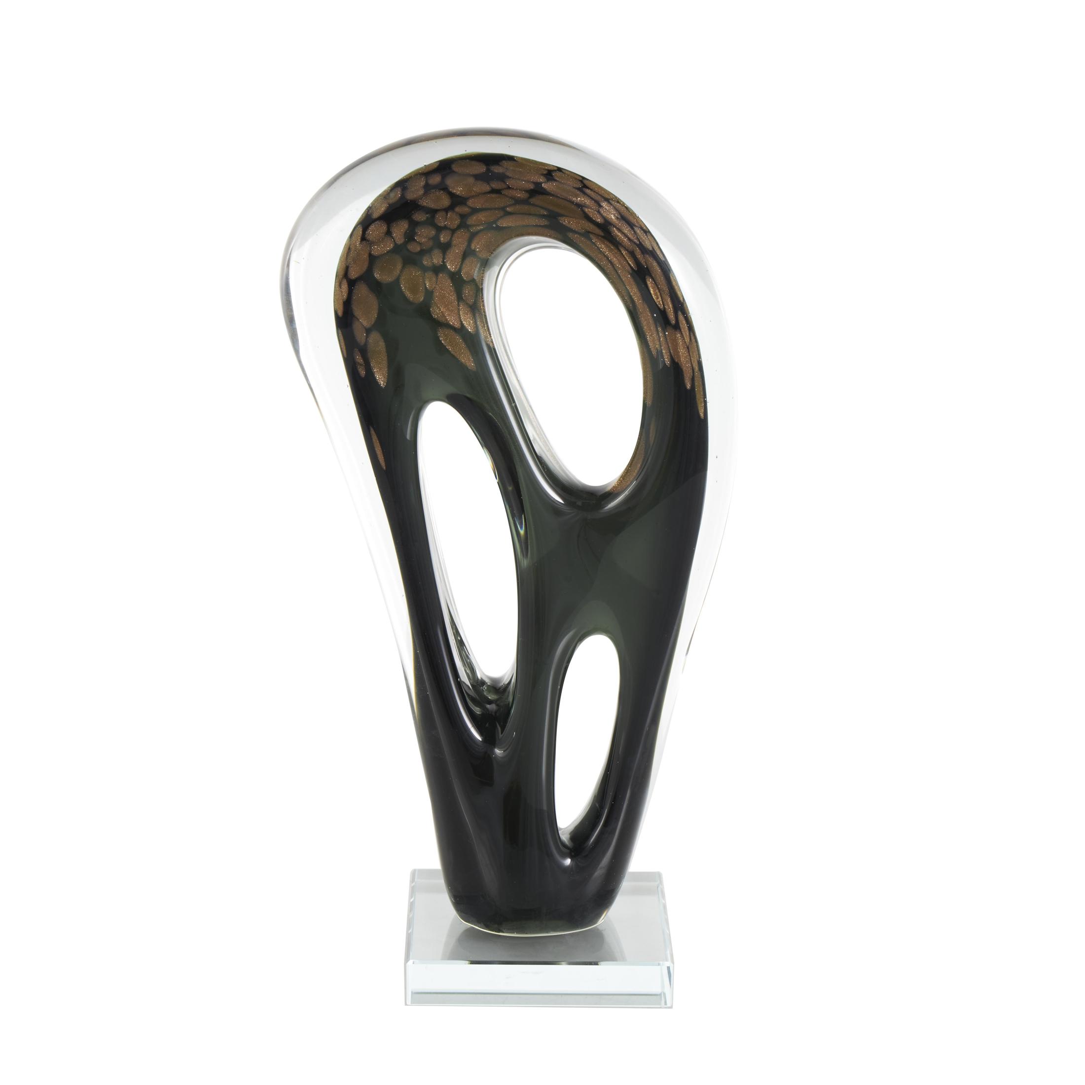 7" x 13" Black Glass Curved Cutout Abstract Sculpture with Gold Spotted Accents, by DecMode