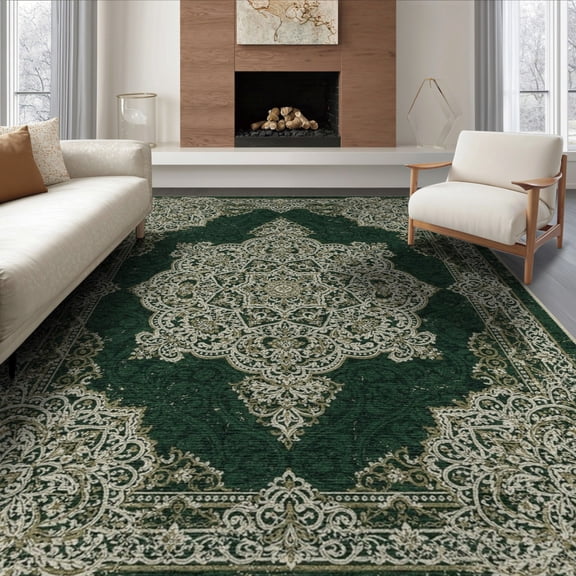 ODIKA 8'x10' Washable Area Rug Bold Emblem Interlocking Motifs Transitional Faded Decorative for Living Room, Under Sectional, Family , Durable, Non-Slip