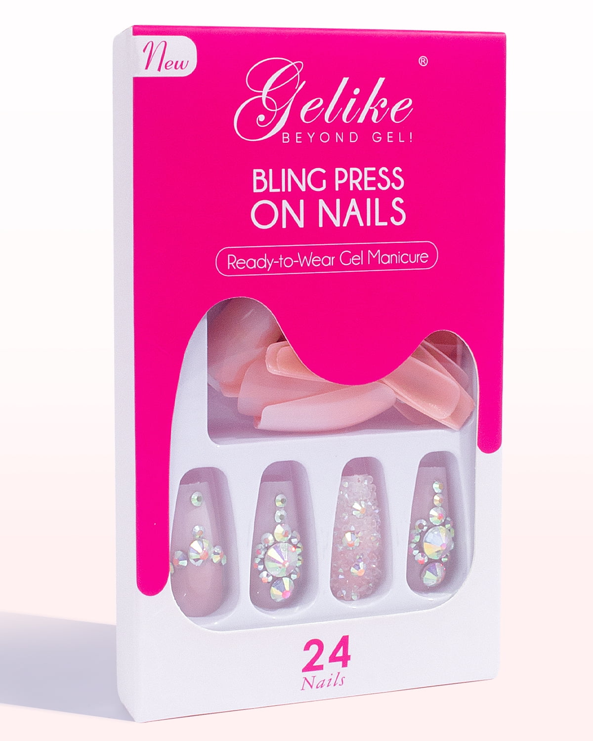 Gelike EC 24pcs Bling Diamonds Pink Acrylic Press on Nails Coffin, Fake Nail Tips with Adhesive
