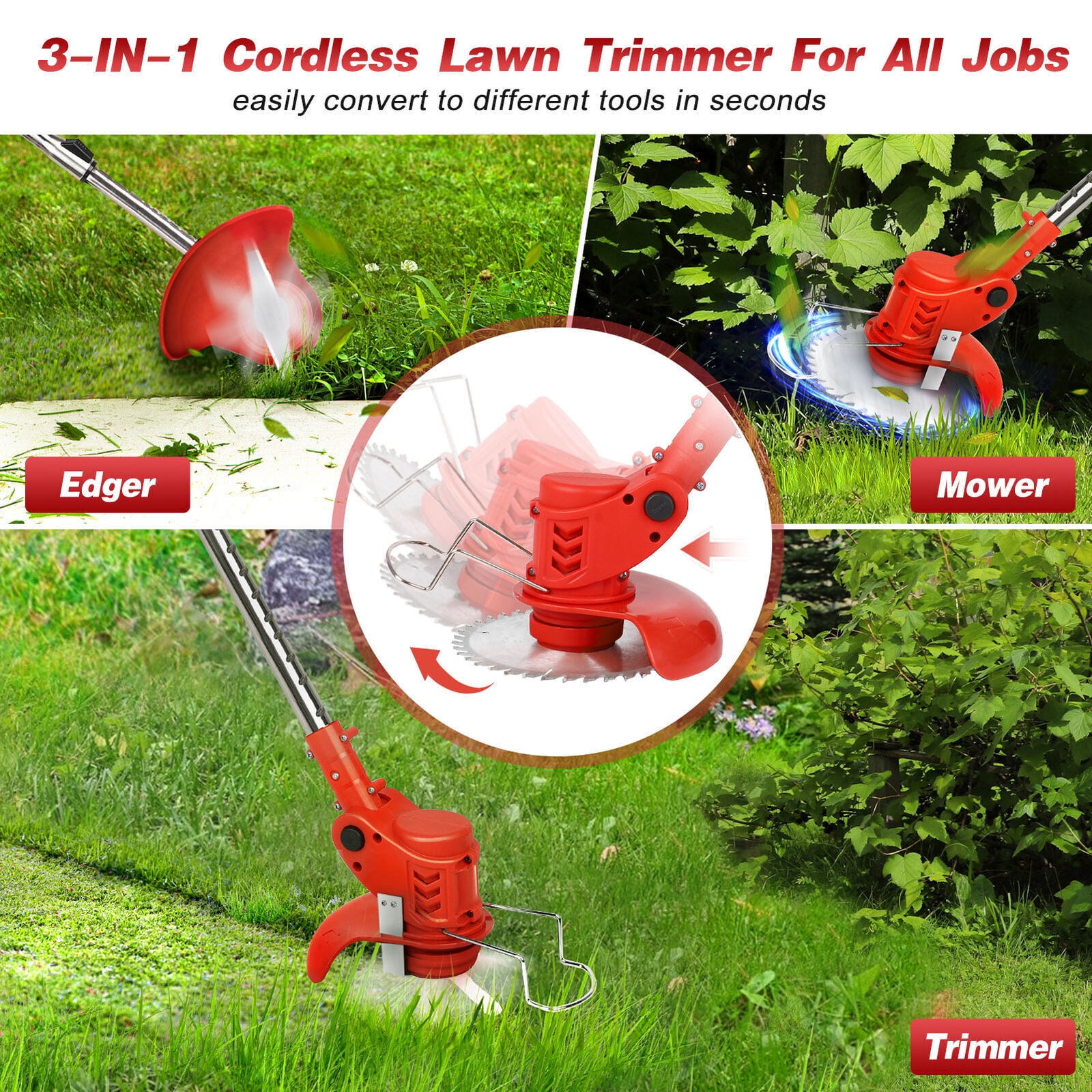 Cordless Weed Eater String Trimmer, 3-in-1 Lightweight Push Lawn Mower & Edger Tool with 3 Types Blades, 21V 5.0 Li-Ion Battery, for Garden and Yard