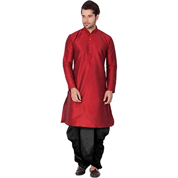 Royal Men's Silk Desginer Dhoti Kurta Set (44, Maroon-Black)
