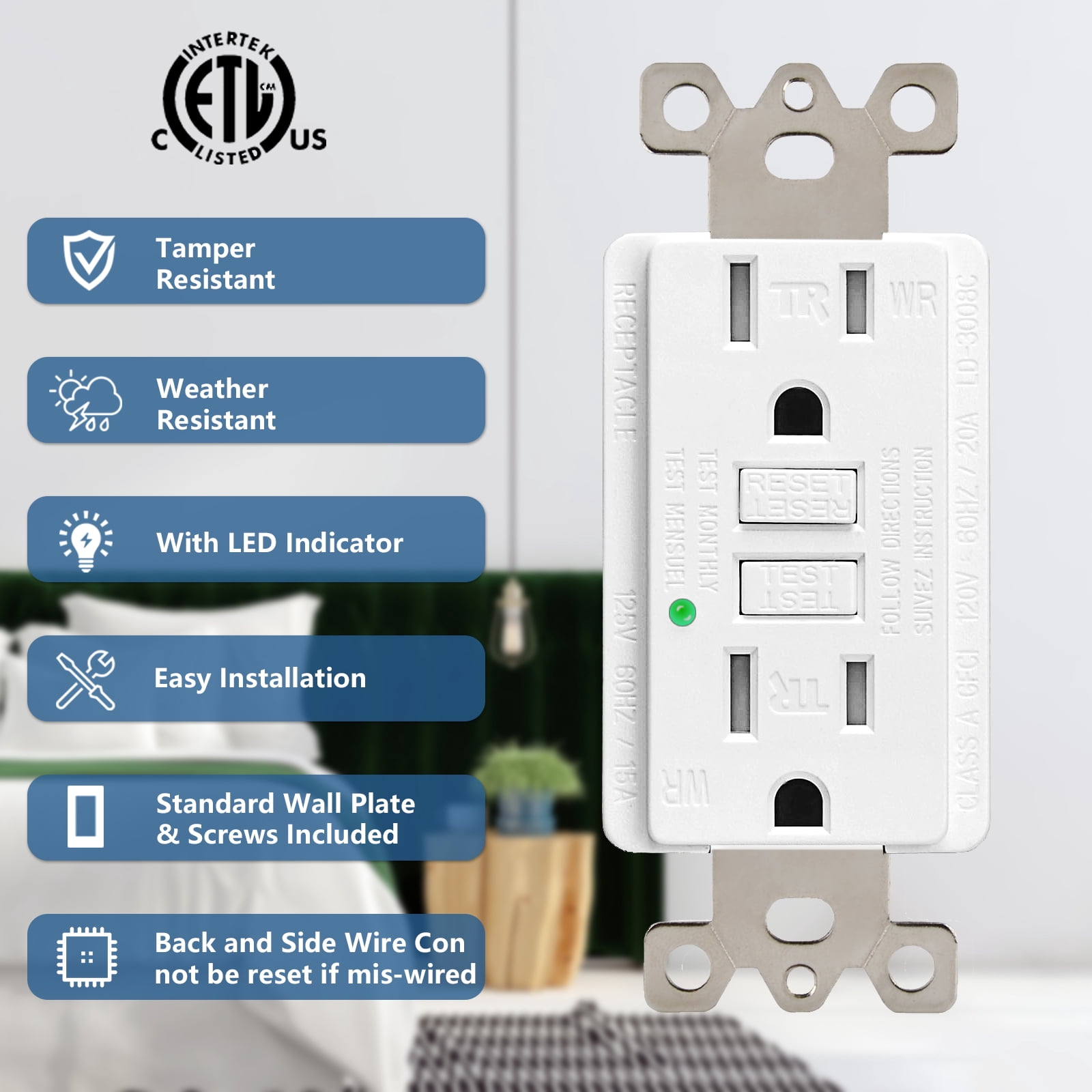 15amp Weather Resistant GFCI Outlet, Tamper Resistant GFI Receptacle with LED Indicator, Decor Wall Plate and Screws Included, ETL Certified, White 50 Pack