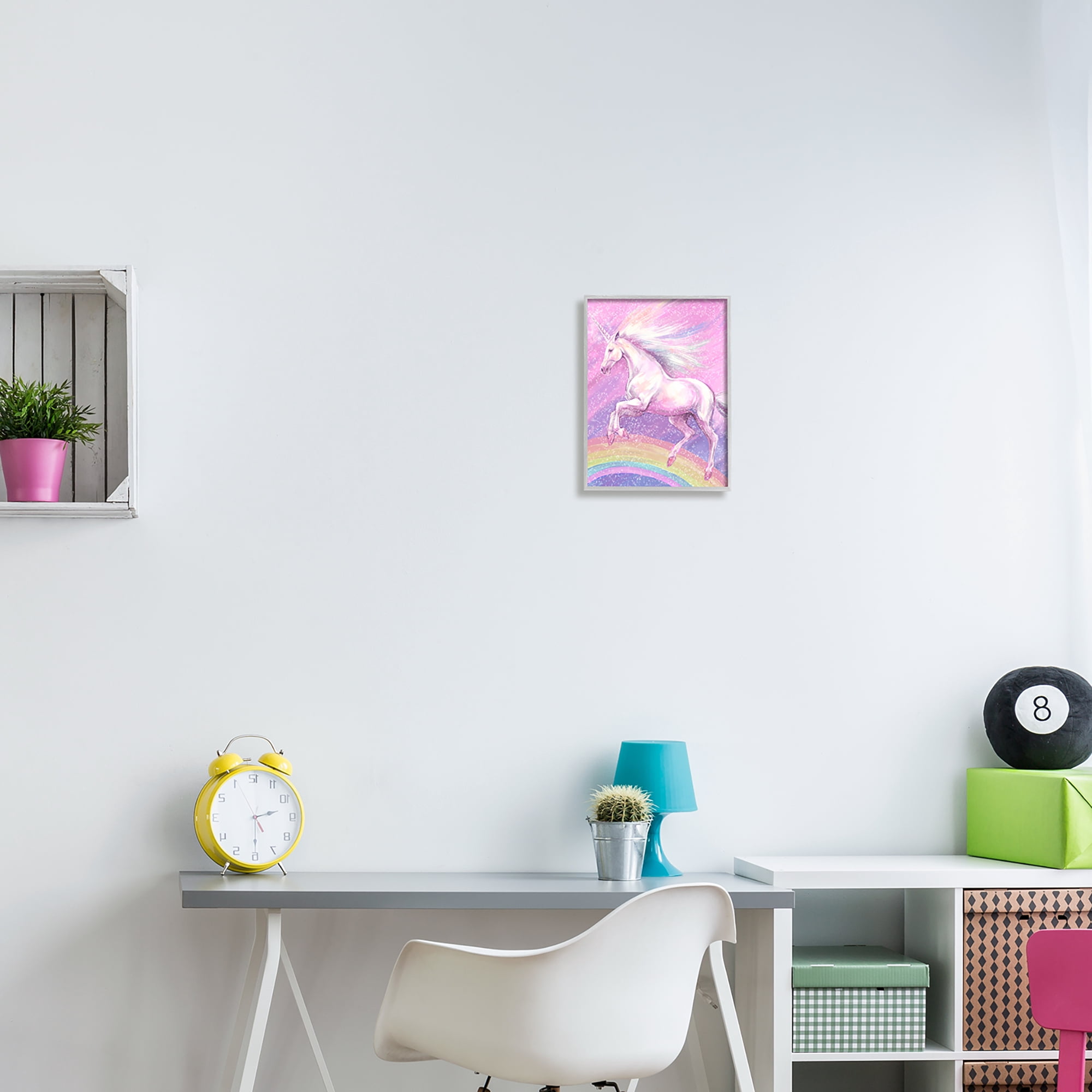 Stupell Industries Rainbow Unicorn Scene Fairy Tales & Fantasy Painting Gray Framed Art Print Wall Art, 11 x 14