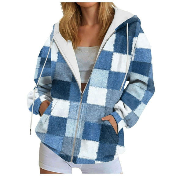 PFWOWB Plaid Hooded Jacket for Women Zip Up Sweatshirt Long Sleeve with Side Pockets