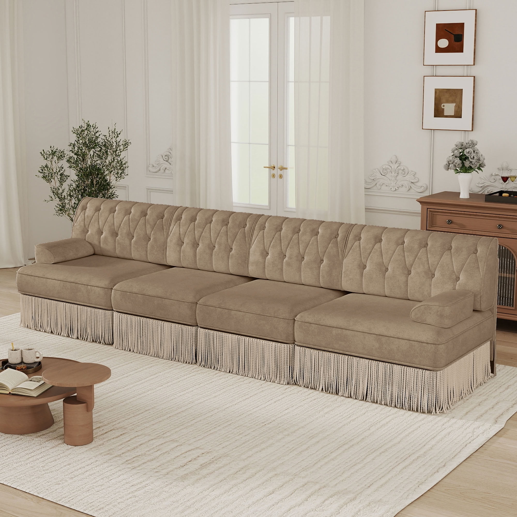 MAYEERTY 135 Inch Chesterfield Sofa, 4-Seater Modular Couch with Tassel, Solid Wood Base for Living Room Home Lounge Space