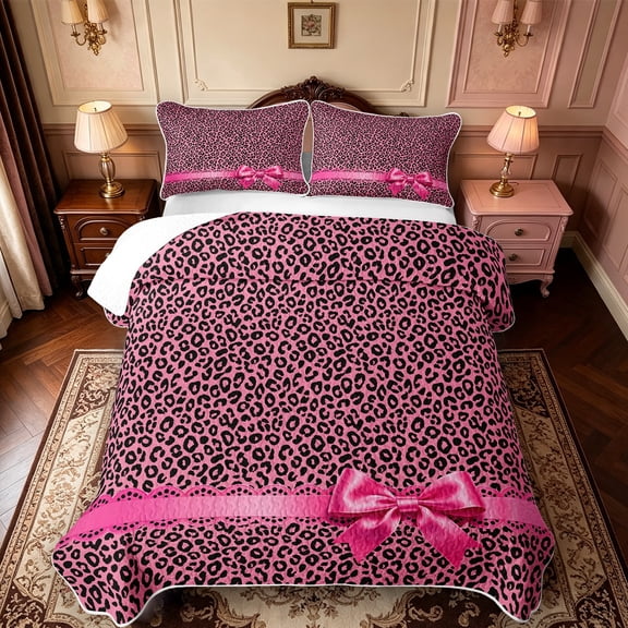 Manfei Wild Cheetah Animal Pattern Quilt Full,Pink Coquette Bowknot Full Bedspread Sets,3 Pieces,1 Coverlet and 2 Pillowcases