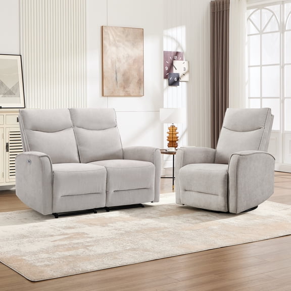 Bonzy Home Power Recliner Sofa Set, 2-Piece Electric Living Room Furniture Sets with USB Port & Adjustable Headrest, Included Loveseat & 270° Swivel Glider Rocker Chair