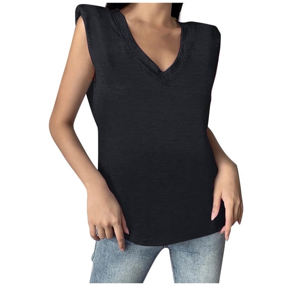 HUANBAI Ladies Solid Sleeveless V Neck T Shirt With Shoulder Pad Loose Vest Cotton Tank Top