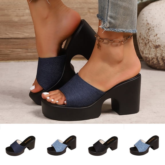 HAOTAGS Sandals for Women,Chunky-Heel Slide Open Round-Toe Wide-Width Summer Beach Footwear Dark Blue 6.5