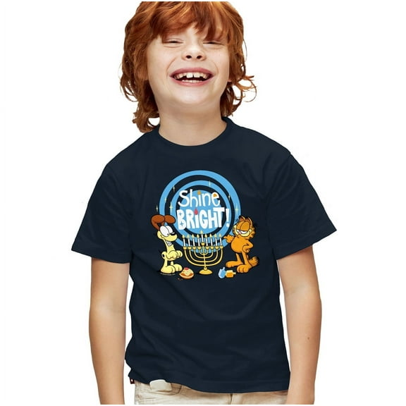 Garfield And Odie Shine Bright For Hanukkah Kids T Shirt for Youth Boys and Girls, Navy, X-Large