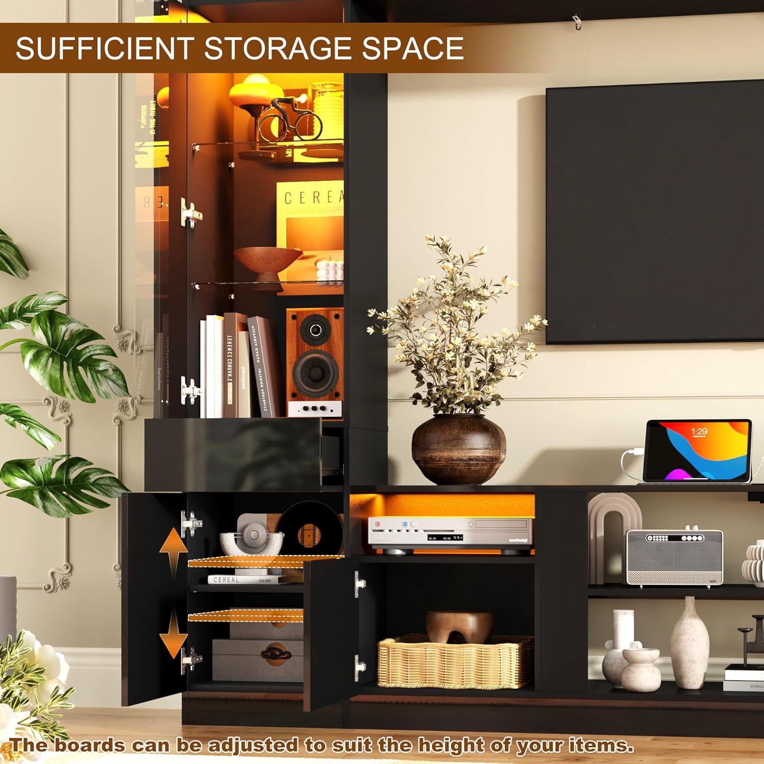 ANPOO 107" Large Wall Unit Entertainment Center with Bookshelves & LED Lights and Storage Shelves, Modern High Glossy TV Stand Media Console Table with Bridge Cabinet for Living Room & Home Theater