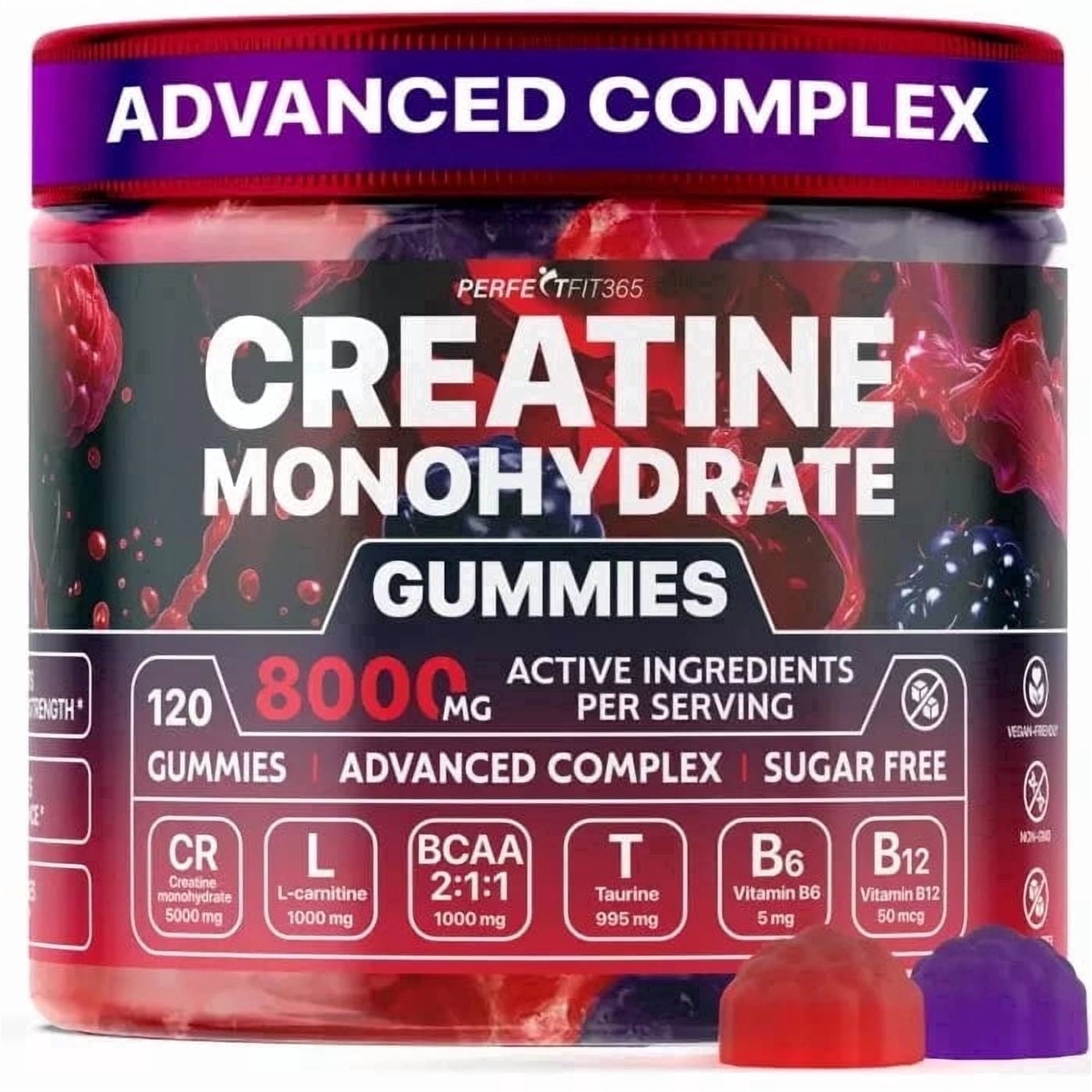 Creatine Monohydrate Gummies for Men and Women, Sugar-Free, Vegan, Blueberry Flavor, 120 Count