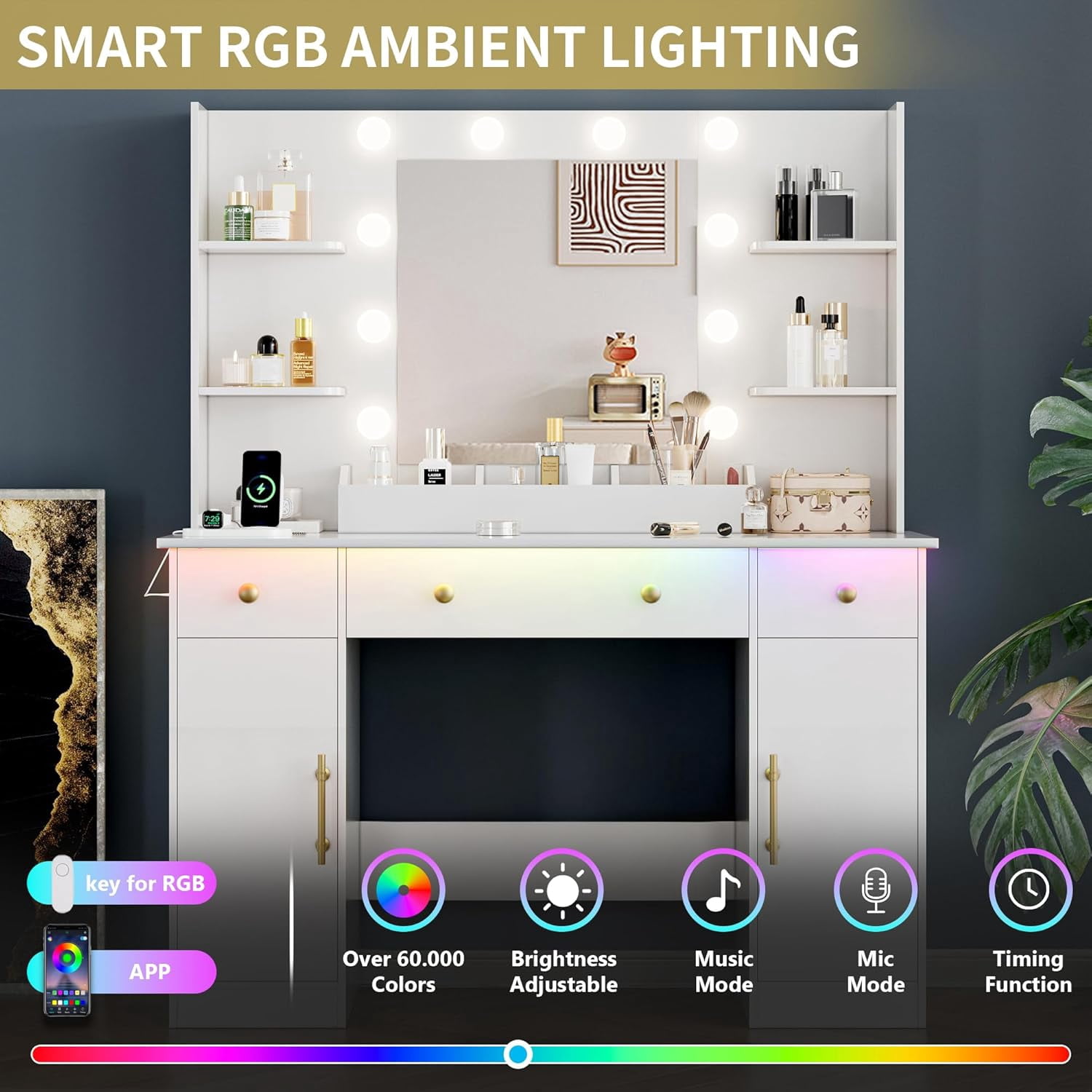 FANRAL 43'' Vanity Desk with 10 LED Lights,Under-Table RGB Strip & Built-in Power Station,Multi-Storage Makeup Table for Bedroom Bathroom Grooming,White Vanity