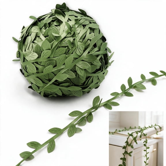 HAMANNI 262ft Artificial Leaf Ribbon Trim, Soft Silk Fabric Vine String with 0.6" Leaves for DIY Crafts Gift Wrapping Wedding Decor.