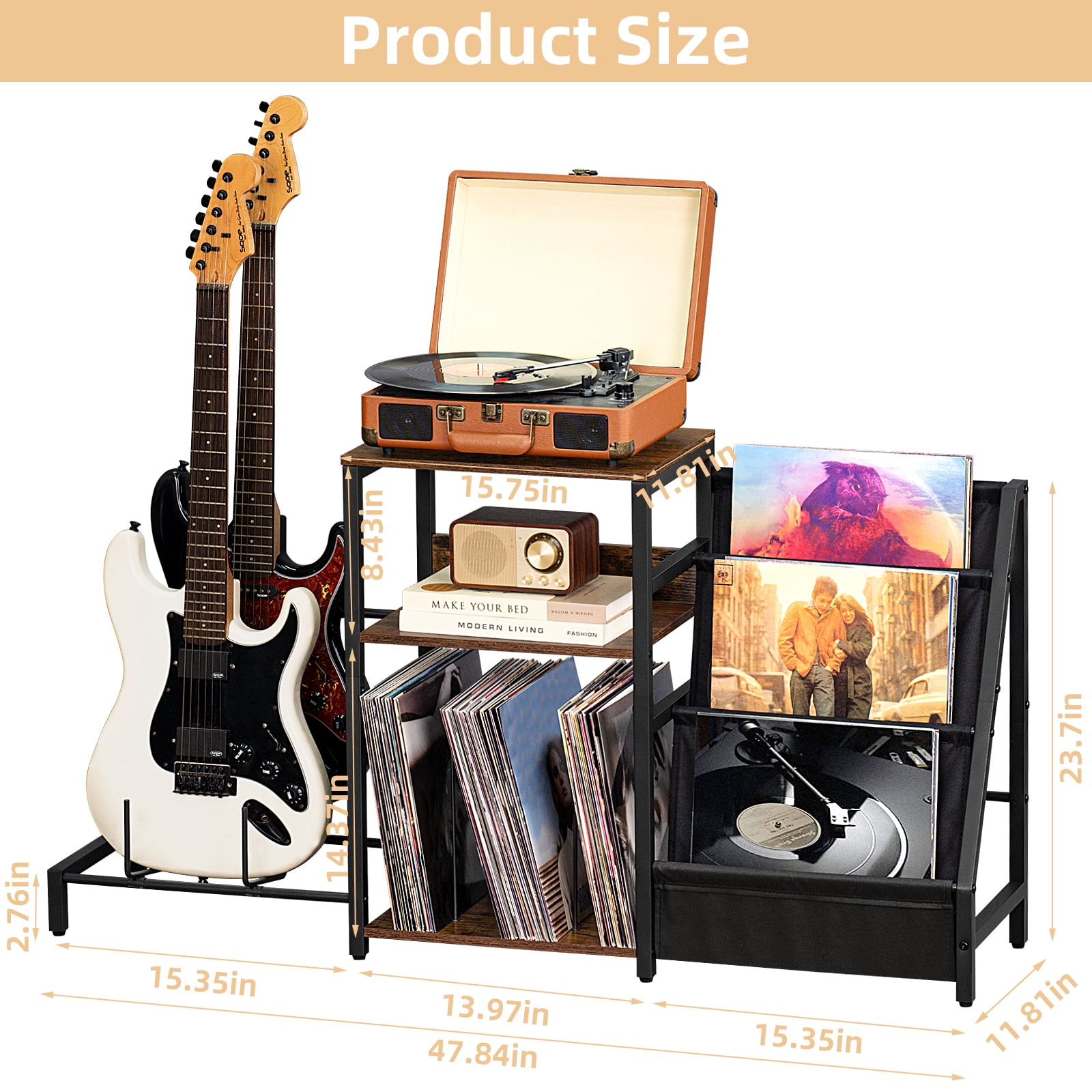 Vinyl Player Stand, Adjustable Guitar Stand for Acoustic Guitar, Violin, 3-Tier Turntable Stand with Vinyl Storage, Holds Up to 150 Albums, Retro Media Console Table for Living Room