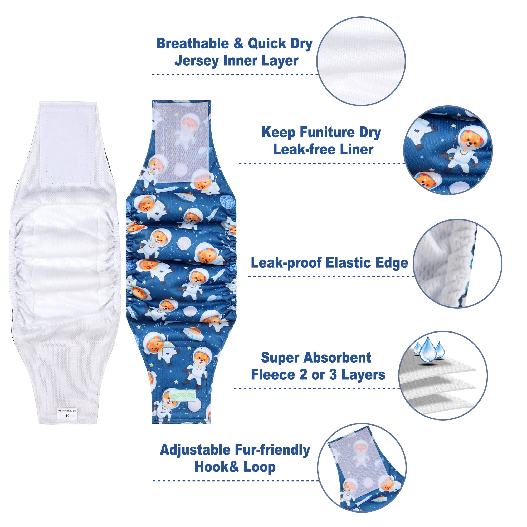 Wegreeco Pack of 5 Reusable Male Dog Belly Band, Washable Premium Male Dog Diapers, Super-Absorbent Dog Wraps,Space,Bones,S