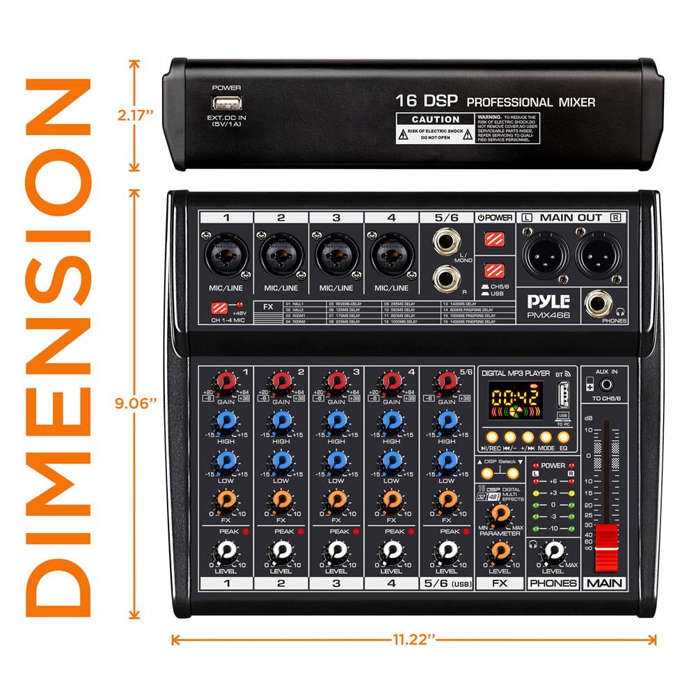 Pyle PMX466 - 6-Channel Audio Mixer w/ Recording Interface - Built-in Multi-FX Processor/AUX Input & MP3 Player, 4 XLR I/O Connectors