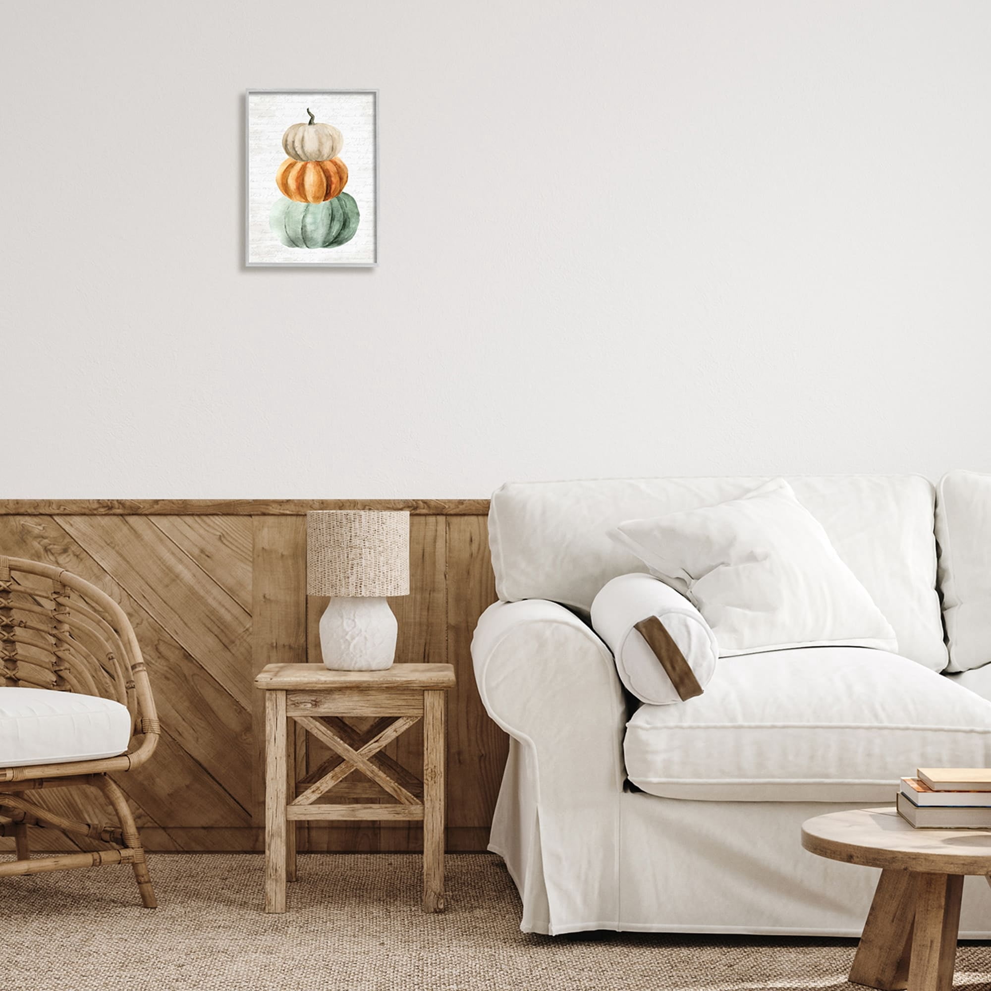 Stacked Autumn Fall Pumpkins Cursive Words Background Botanical & Floral Painting Framed Art Print Wall Art