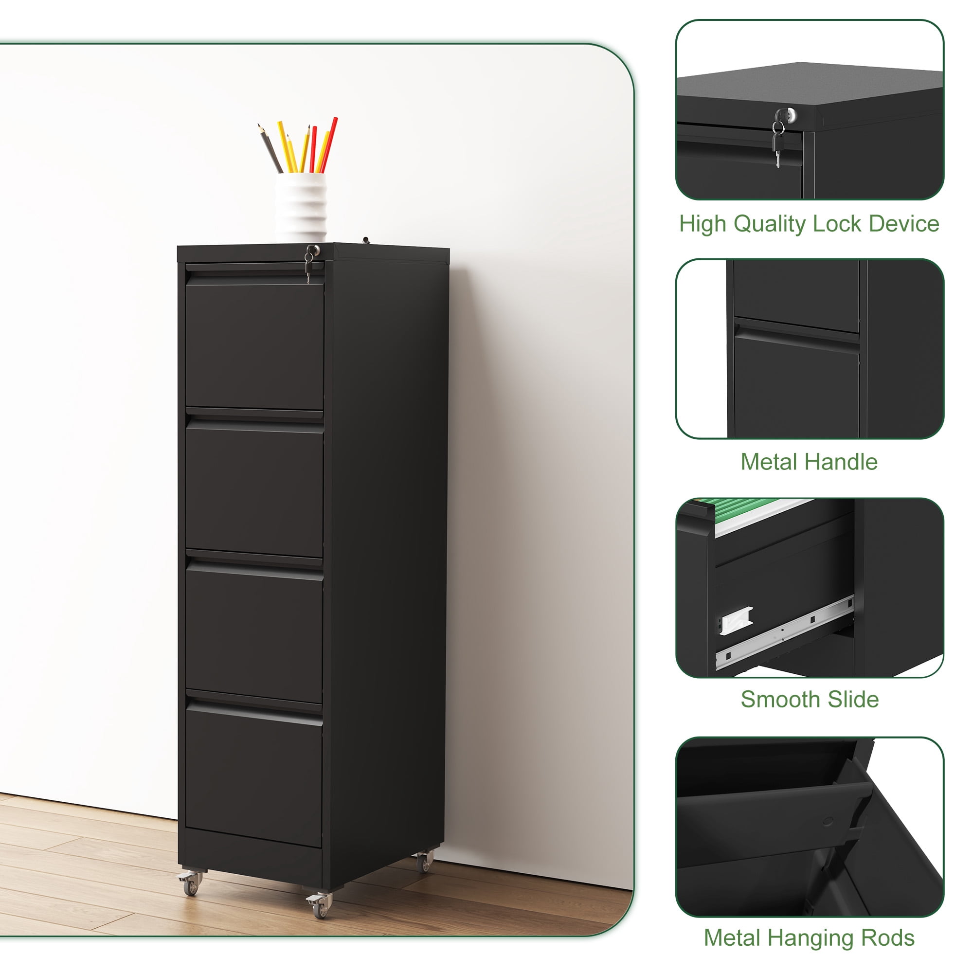 4 Drawer Metal Locking Vertical File Cabinet on Wheels, Heavy-Duty Lockable Cabinet for Home & Office, Black, 17.71"D*15.16"W*52.28"H, Black